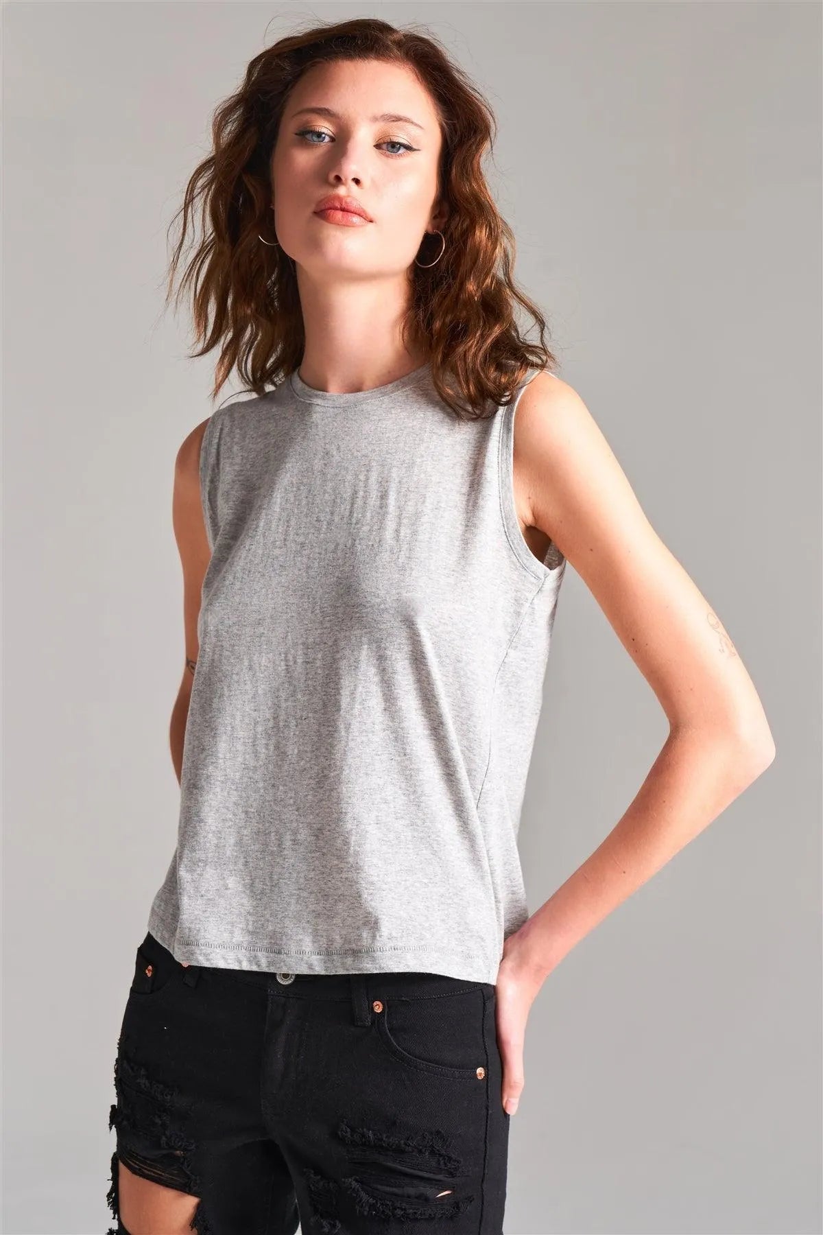Heather Grey Solid Sleeveless Round Neck Basic Tank Top /2-1-1-2 - Tasha Apparel Wholesale