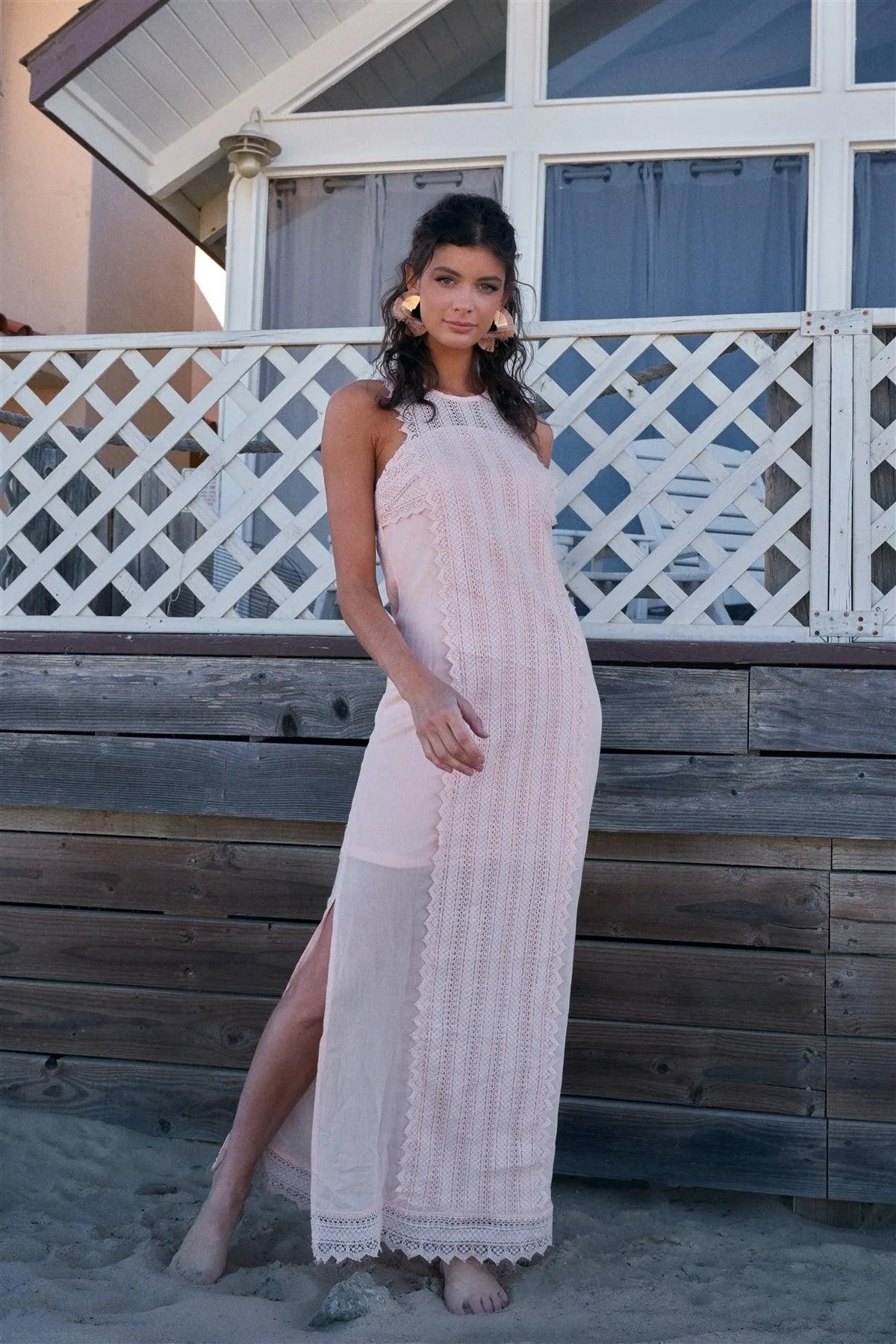 Blush Boho Chic Crochet Embroidery Trim Sleeveless Round Neck Slit Detail Straight Maxi Dress /2-2-2 Blush Boho Chic Crochet Embroidery Trim Sleeveless Round Neck Slit Detail Straight Maxi Dress /2-2-2