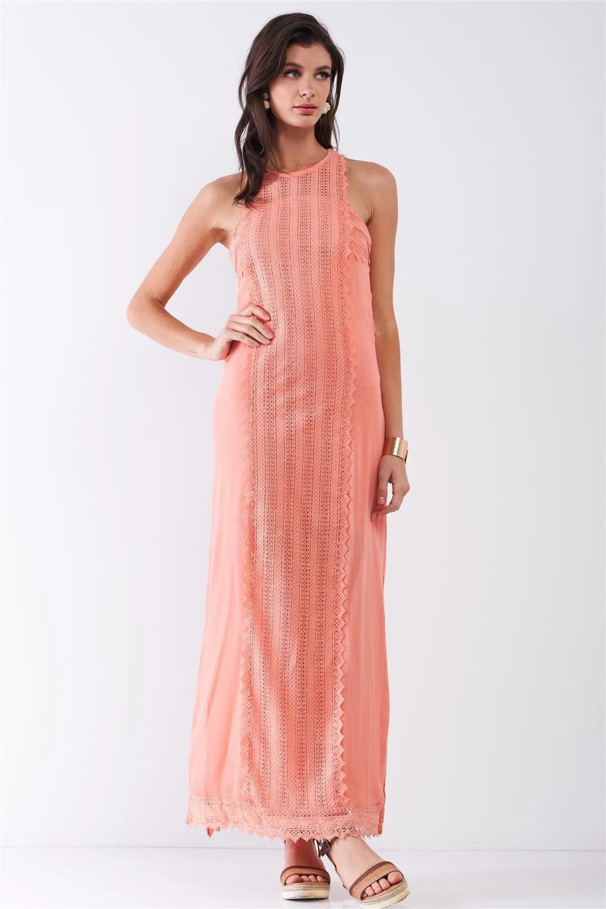 Coral Boho Chic Crochet Embroidery Trim Sleeveless Round Neck Slit Detail Straight Maxi Dress /2-1-1 - Tasha Apparel Wholesale