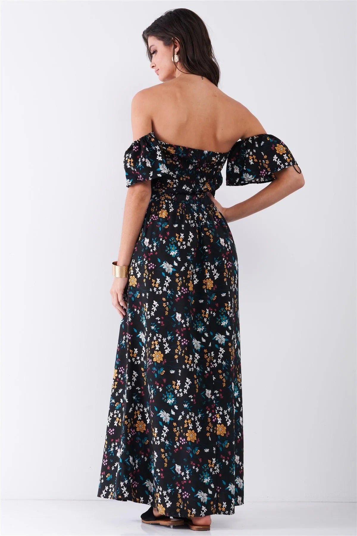 Black Floral Print Off-The-Shoulder Self-Tie Waist Maxi Dress - Tasha Apparel Wholesale