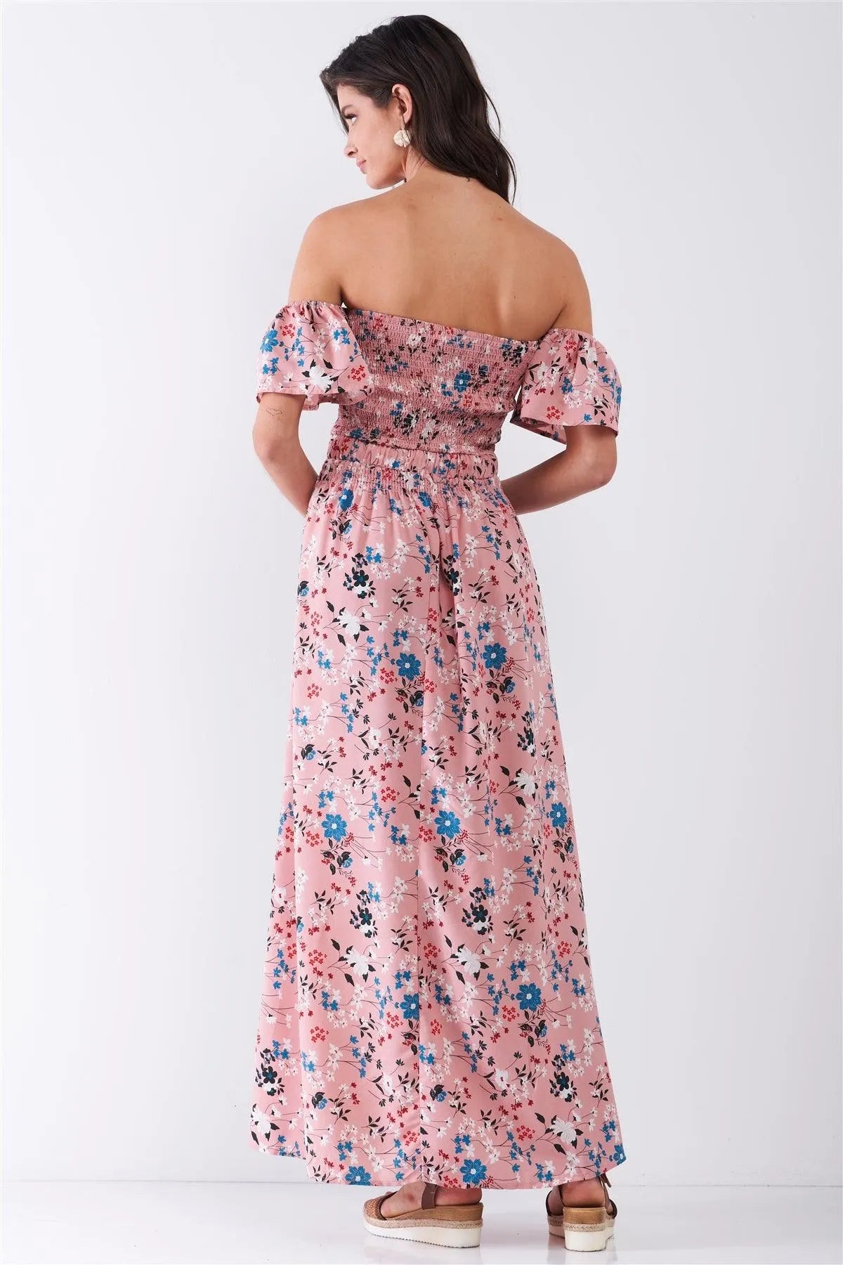 Pink Floral Print Off-The-Shoulder Puff Sleeve Smock Detail Self-Tie Waist Maxi Dress /2-2-2 - Tasha Apparel Wholesale