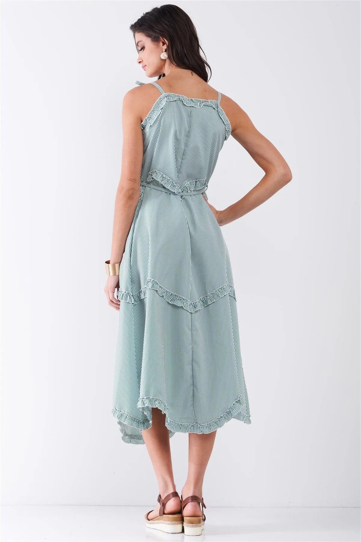 Green Striped Sleeveless V-Neck Ruffle Trim Self-Tie Waist Detail Midi Dress /2-2-2 - Tasha Apparel Wholesale