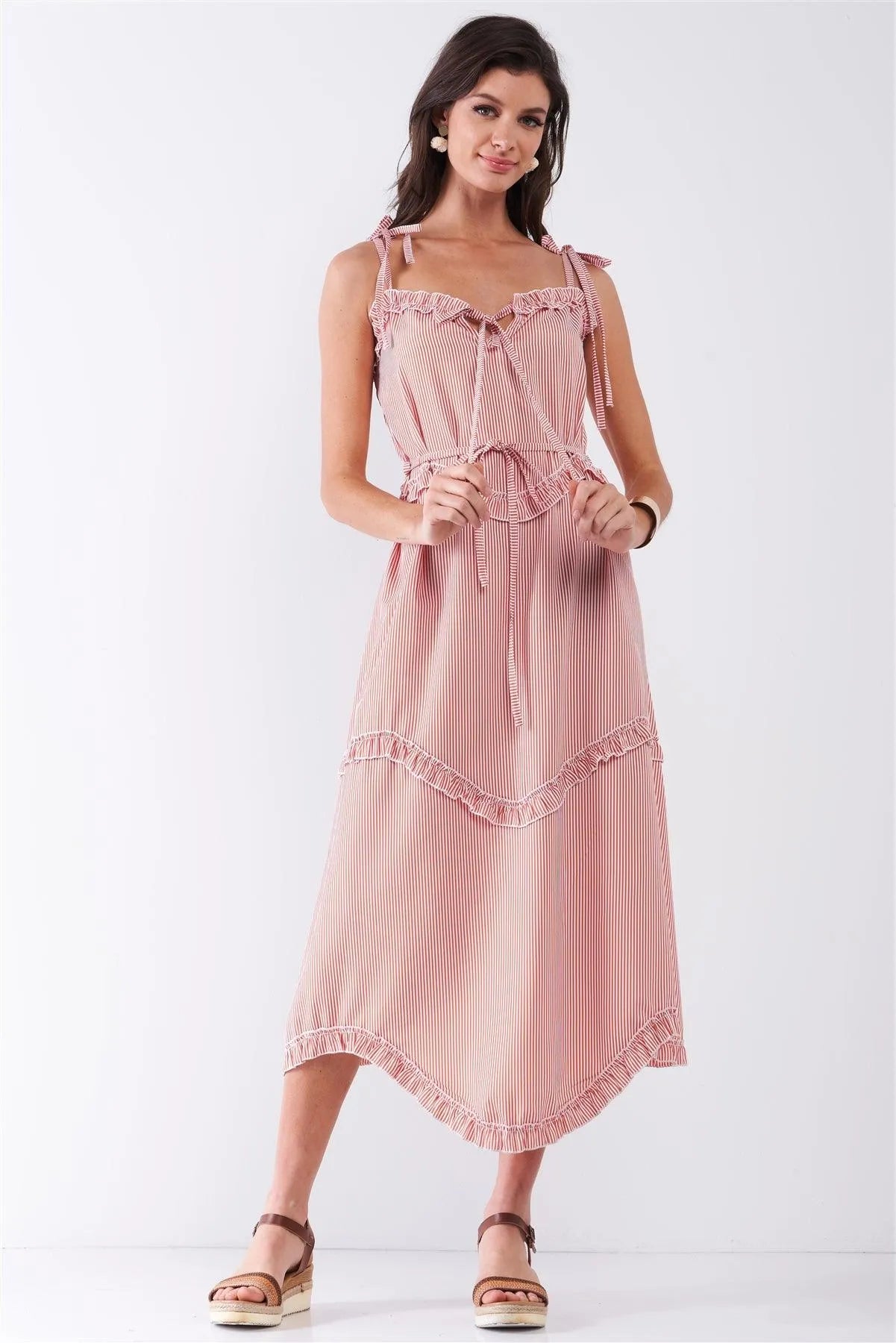 Orange Striped Sleeveless V-Neck Ruffle Trim Self-Tie Waist Detail Midi Dress /2-1-3 - Tasha Apparel Wholesale