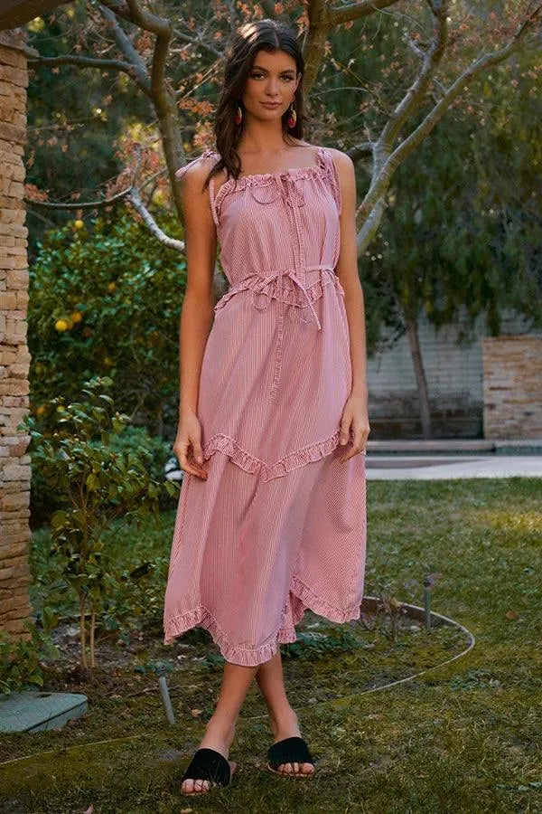 Red Striped Sleeveless V-Neck Ruffle Trim Self-Tie Waist Detail Midi Dress /4-2 - Tasha Apparel Wholesale