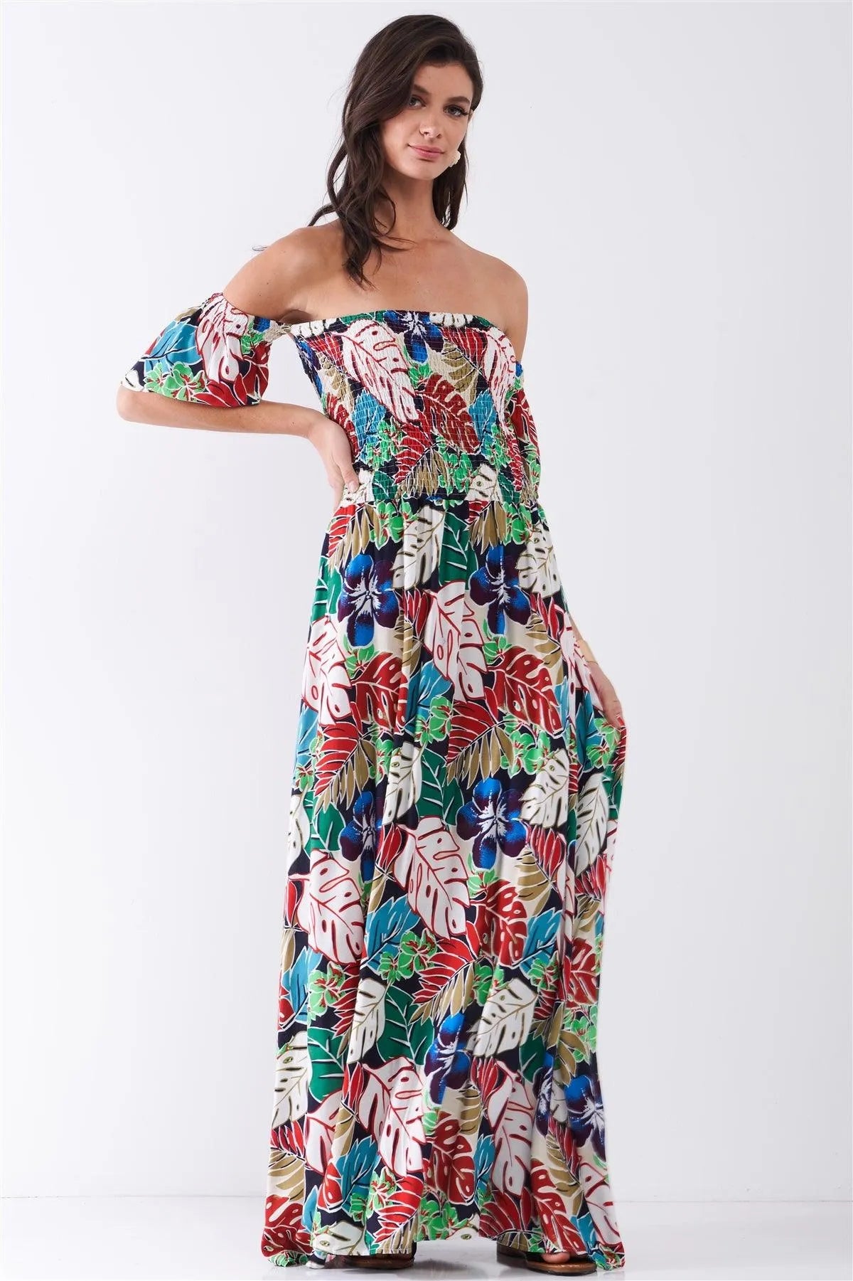 Black&Red Floral Print Off-The-Shoulder Puff Sleeve Smock Lace-Up Detail Summer Maxi Dress /2-2-2 - Tasha Apparel Wholesale