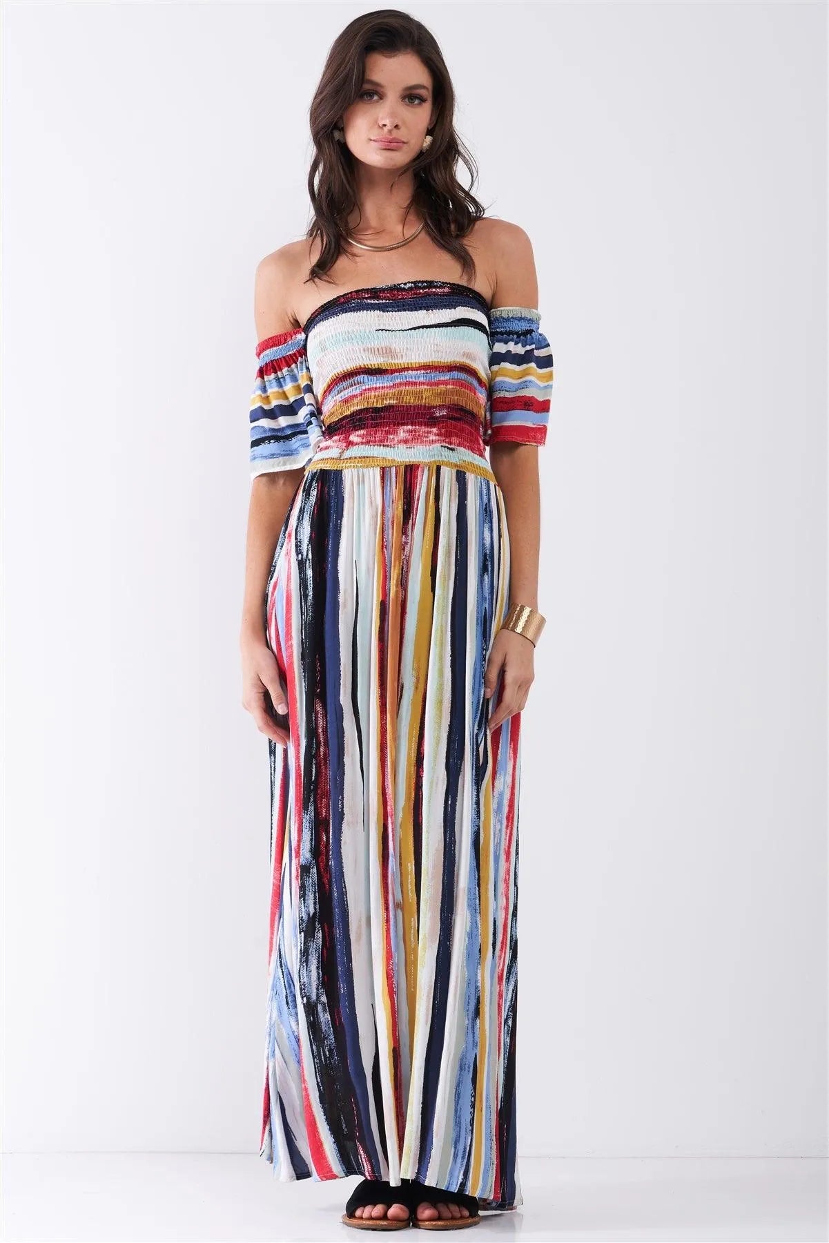 Navy Multicolor Brushed Stripe Print Off-The-Shoulder Puff Sleeve Smock Lace-Up Detail Summer Maxi Dress /2-2-2 - Tasha Apparel Wholesale