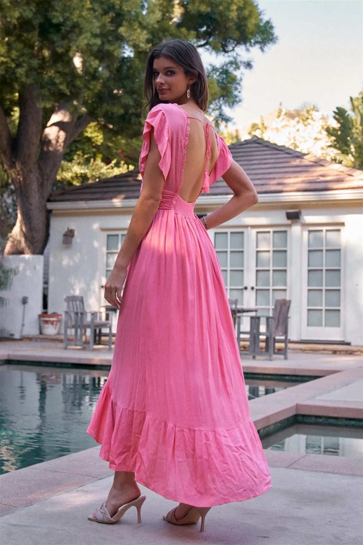 Coral Pink Frill Sleeve V-Neck Crochet Trim Open Back Detail Smocked Gathered Waist Ruffle Trim Maxi Dress /2-2-2 Coral Pink Frill Sleeve V-Neck Crochet Trim Open Back Detail Smocked Gathered Waist Ruffle Trim Maxi Dress /2-2-2