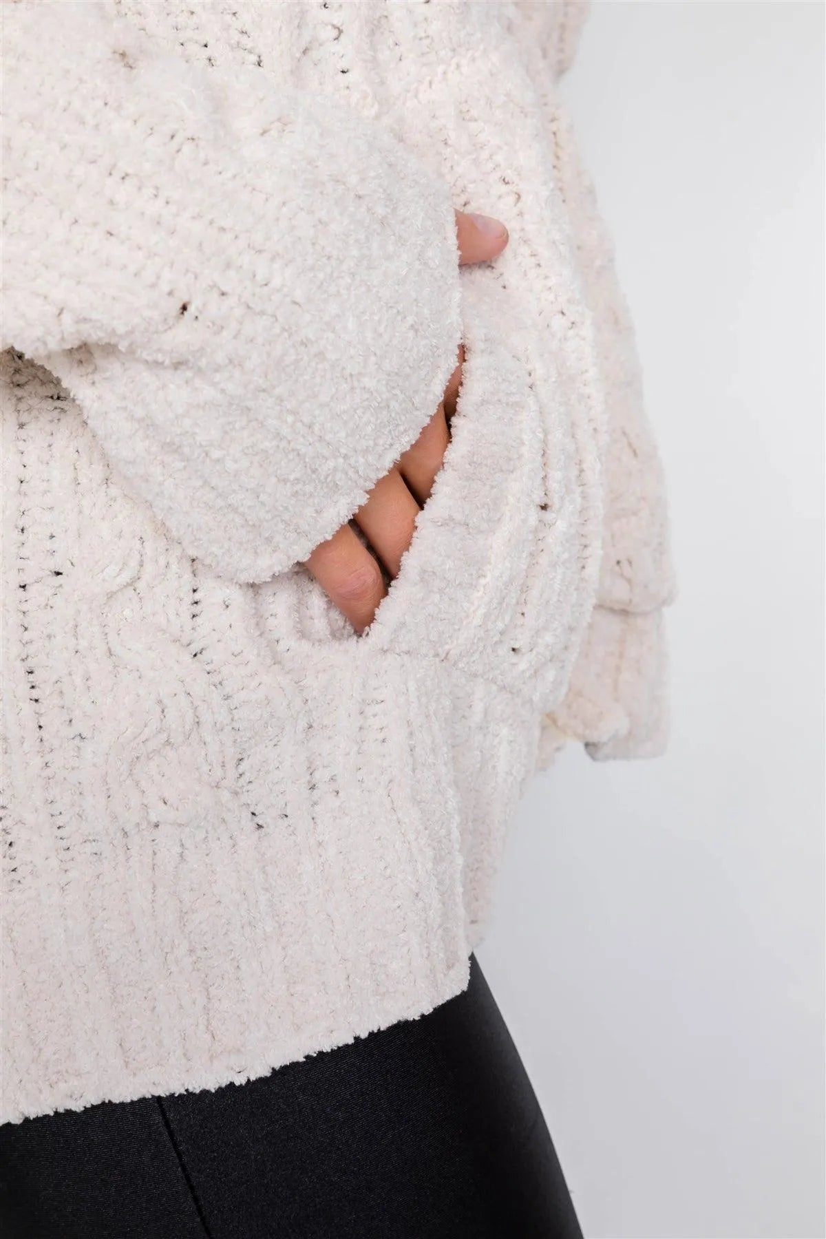 Ivory Knit Suede Front Zipper Hoodie Sweater /3-3 - Tasha Apparel Wholesale