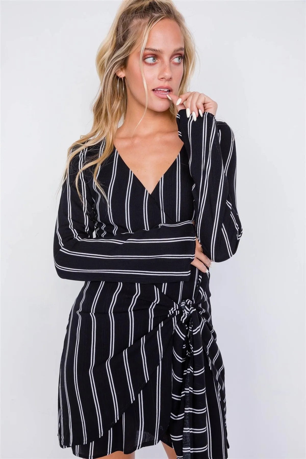 Black Ivory Stripe Mock Wrap Office Chic Mini Dress /3-2-1 - Tasha Apparel Wholesale