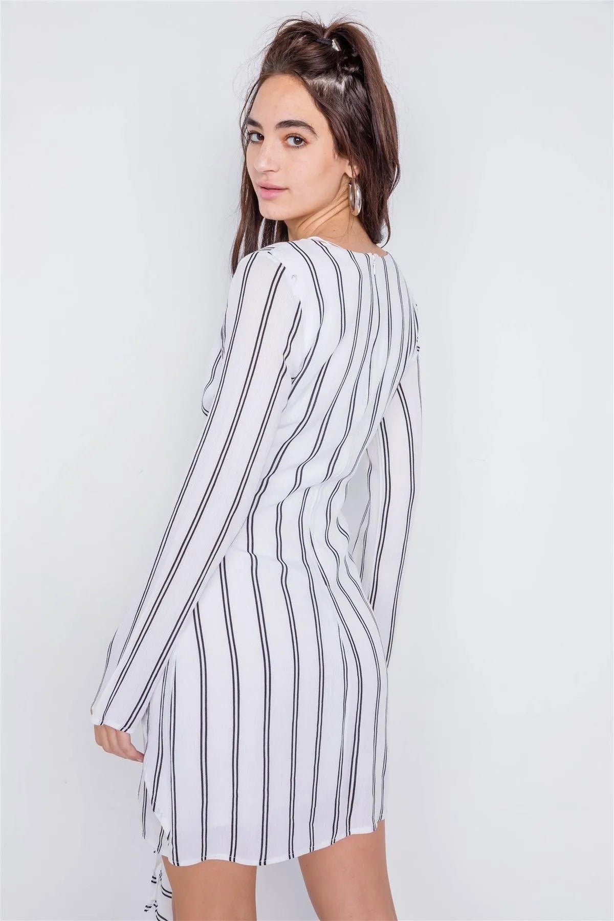 Off-White Black Stripe Mock Wrap Office Chic Mini Dress /3-2-1 - Tasha Apparel Wholesale