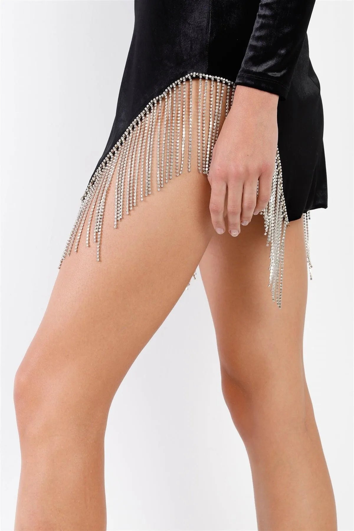 Black Velvet Side Slits With Rhinestone Trim V-Neck Long Sleeve Cut-Out Mini Dress /2-1-1 - Tasha Apparel Wholesale