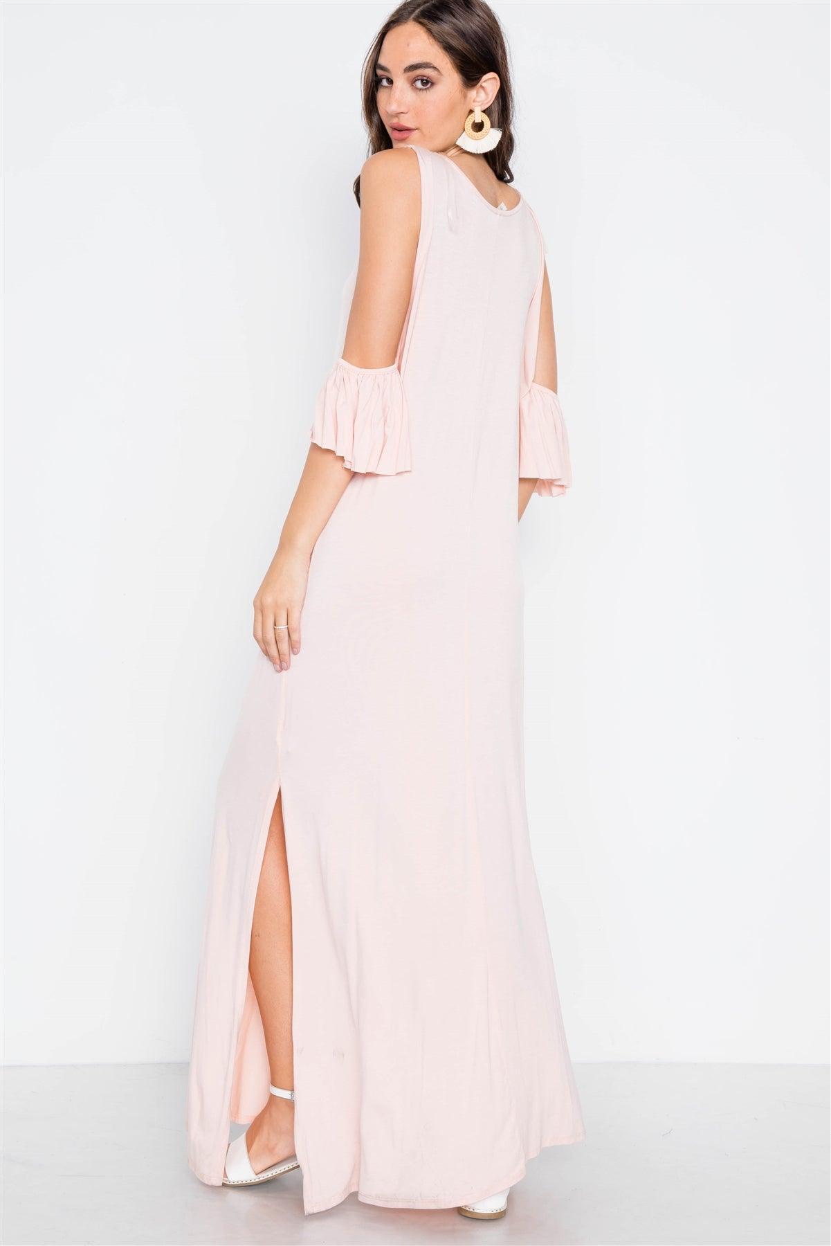 Light Pink Cold Shoulder Side Slit Maxi Basic Dress