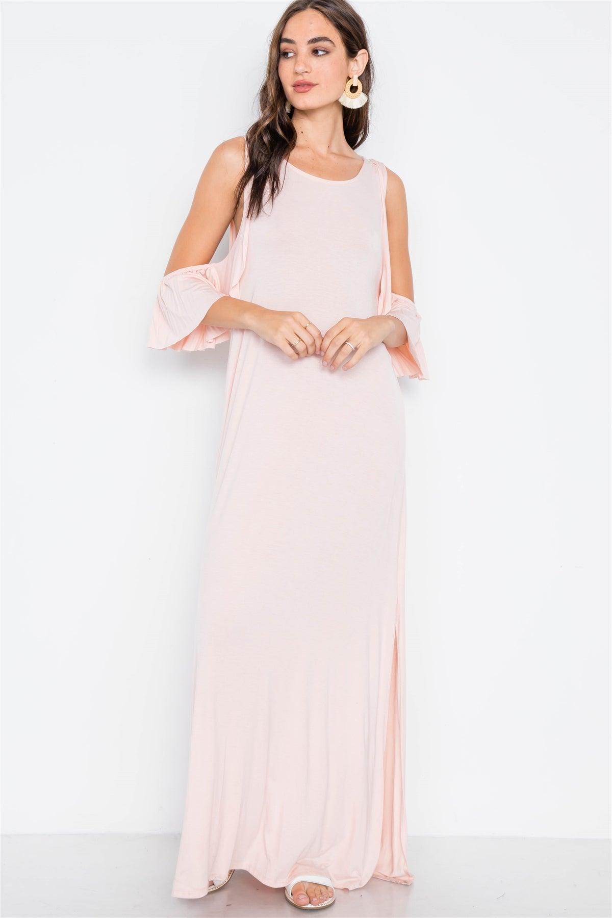 Light Pink Cold Shoulder Side Slit Maxi Basic Dress
