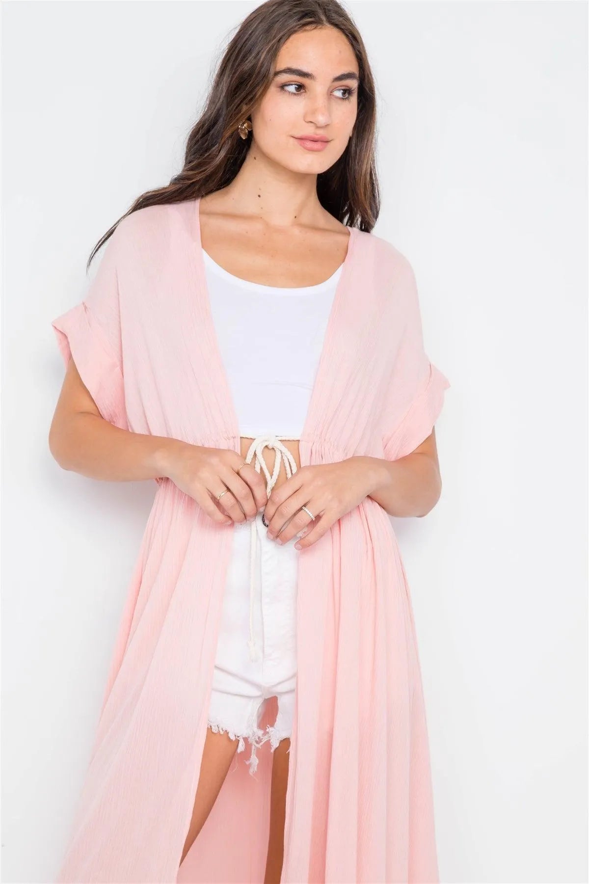 Pink Knit High Low Boho Cardigan Cover Up - Tasha Apparel Wholesale