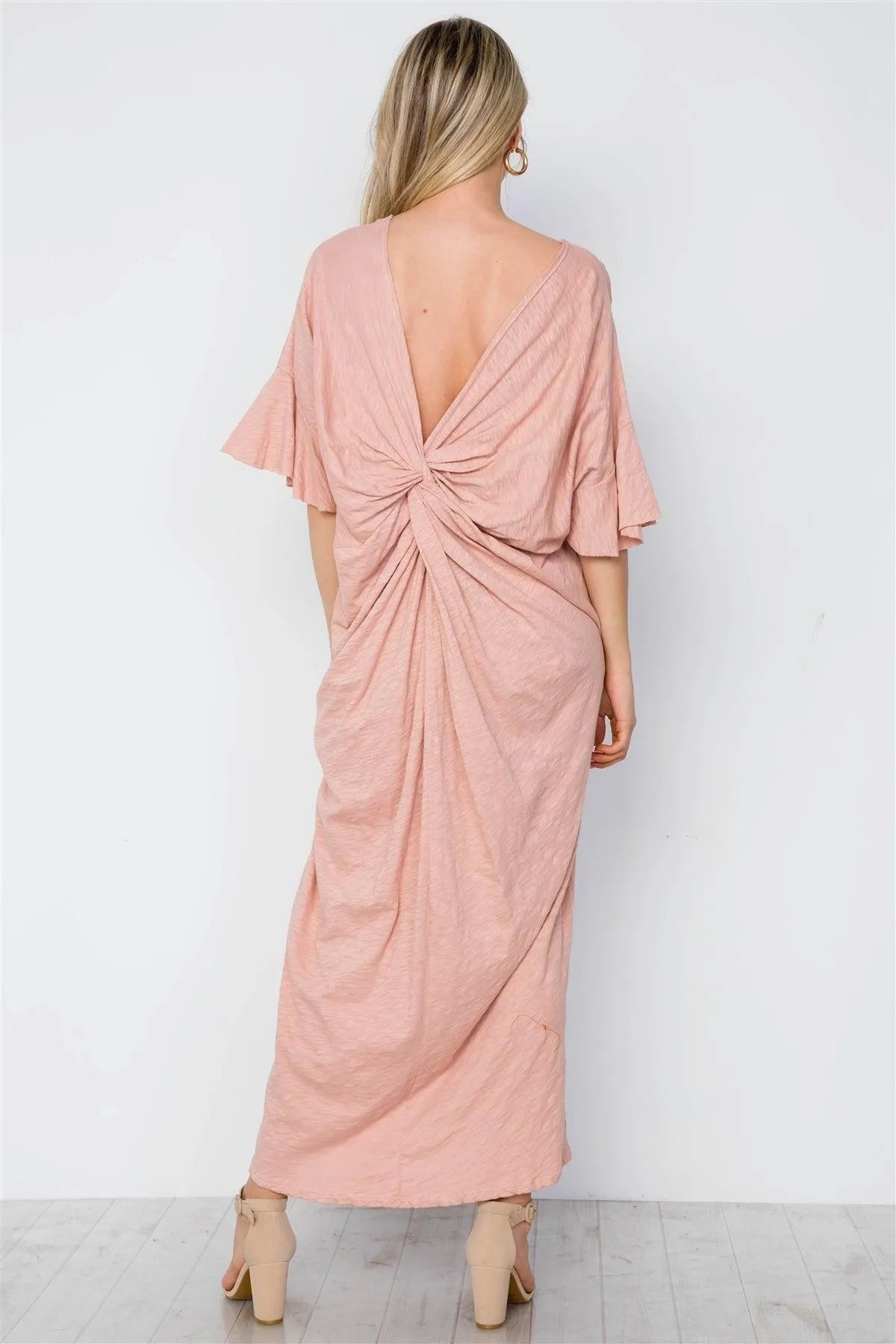 Blush Twist Back Short Sleeve Maxi Boho Shirt Dress - Tasha Apparel Wholesale