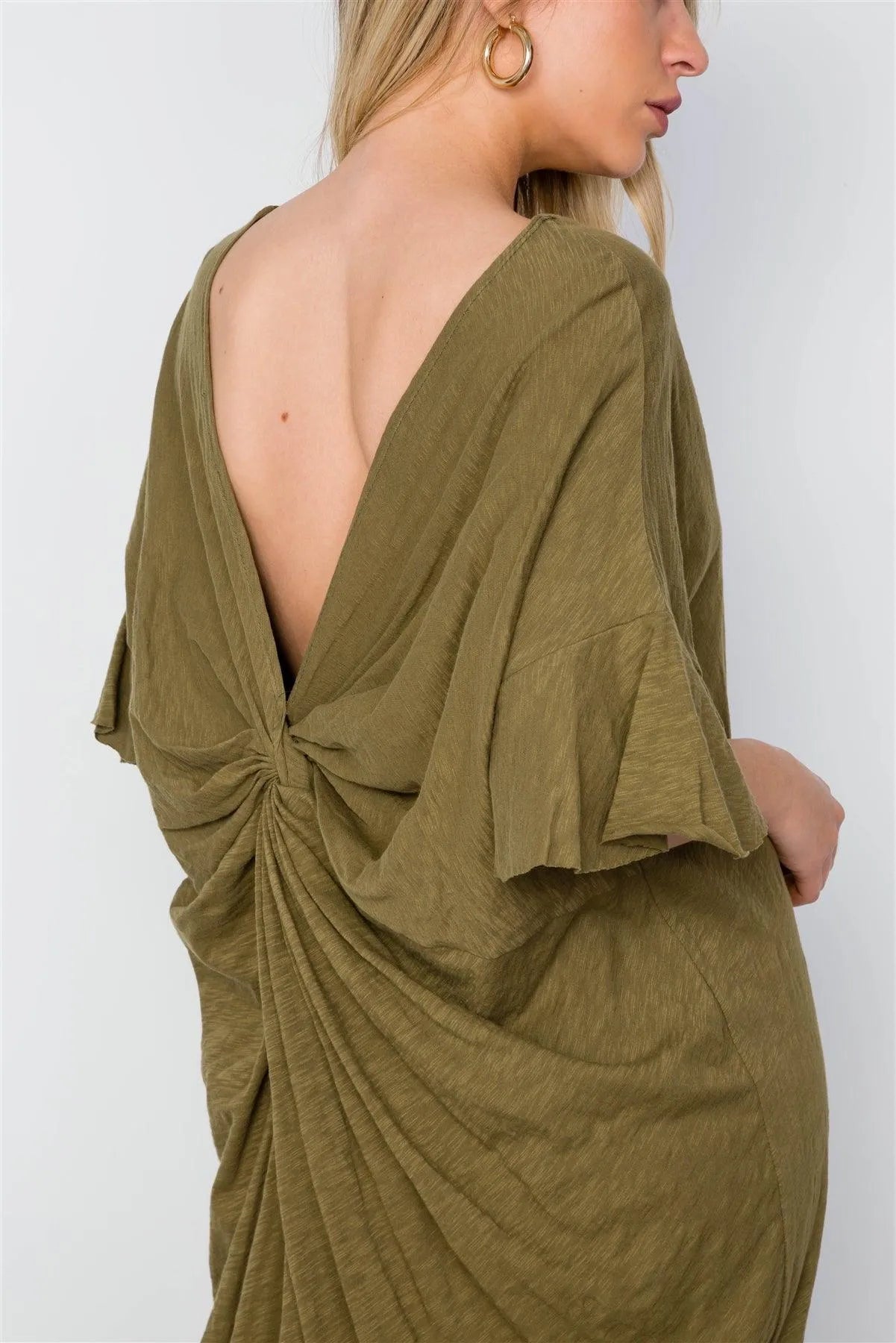 Olive Twist Back Short Sleeve Maxi Boho Shirt Dress /2-2-2 - Tasha Apparel Wholesale