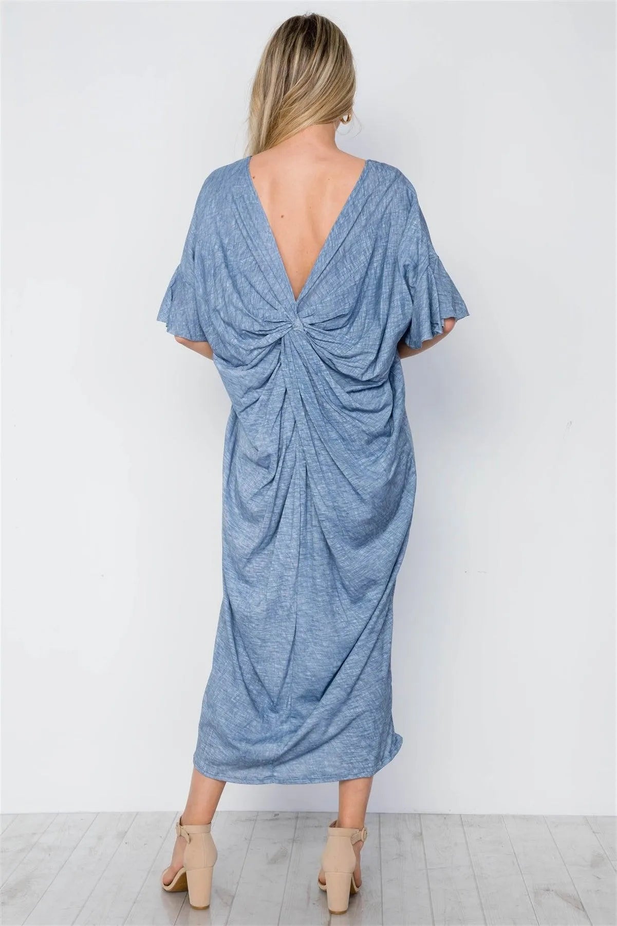 Blue Twist Back Short Sleeve Maxi Boho Shirt Dress - Tasha Apparel Wholesale