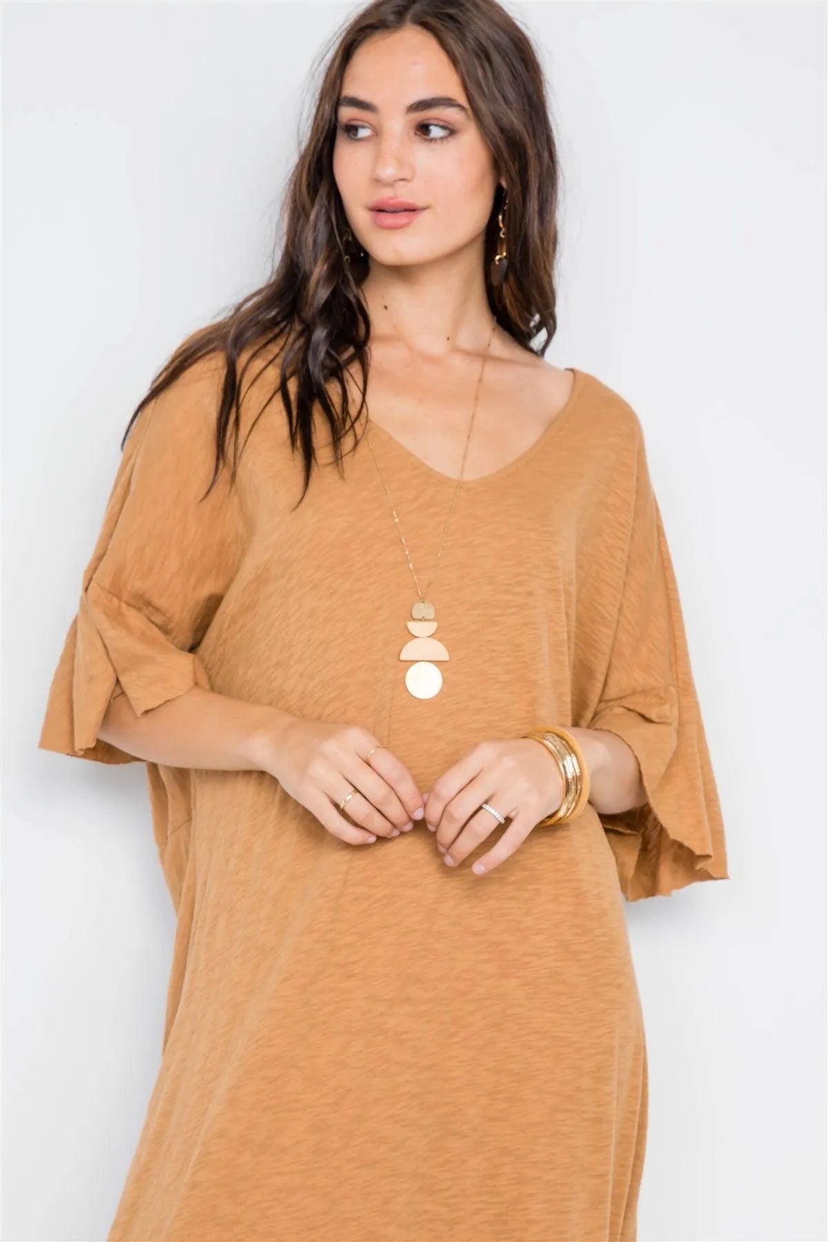 Camel Twist Back Short Sleeve Maxi Boho Shirt Dress - Tasha Apparel Wholesale
