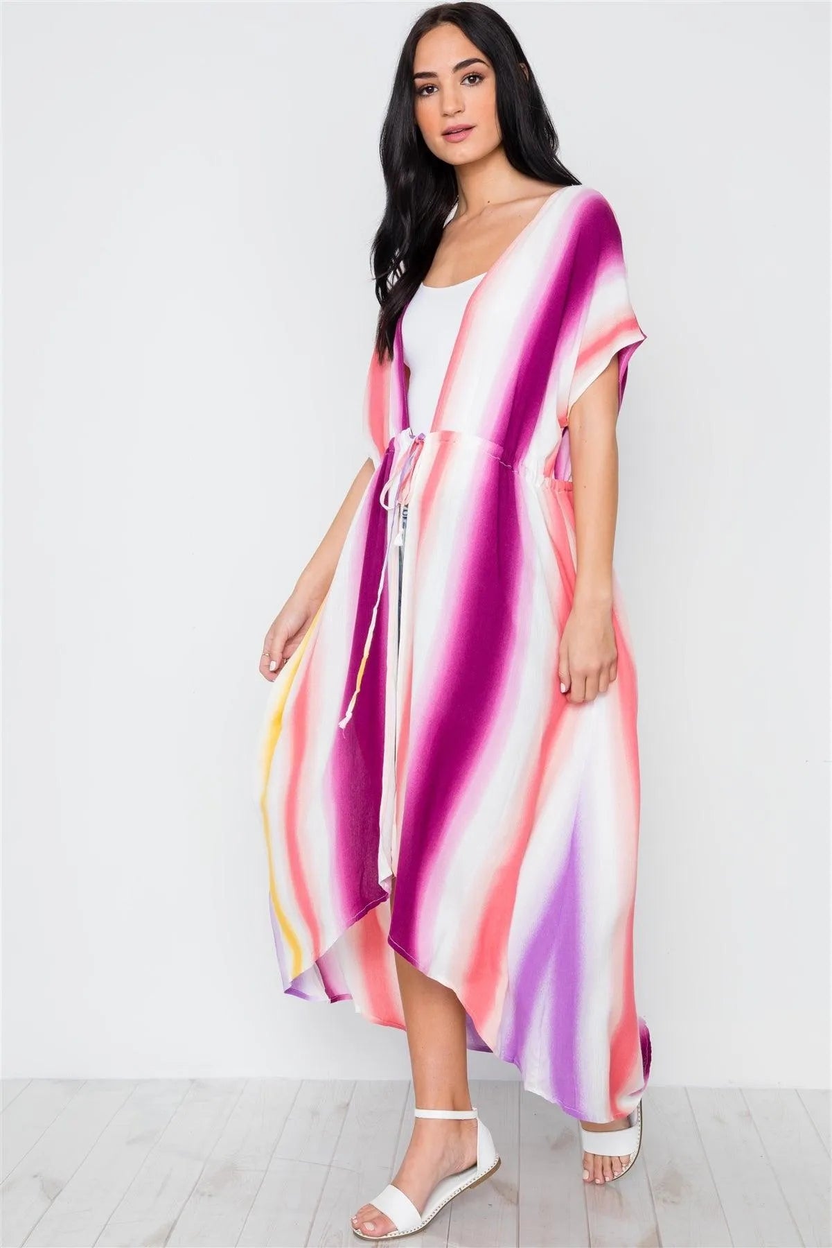 Multi Purple Kimono High Low Cover Up /2-2-2 - Tasha Apparel Wholesale