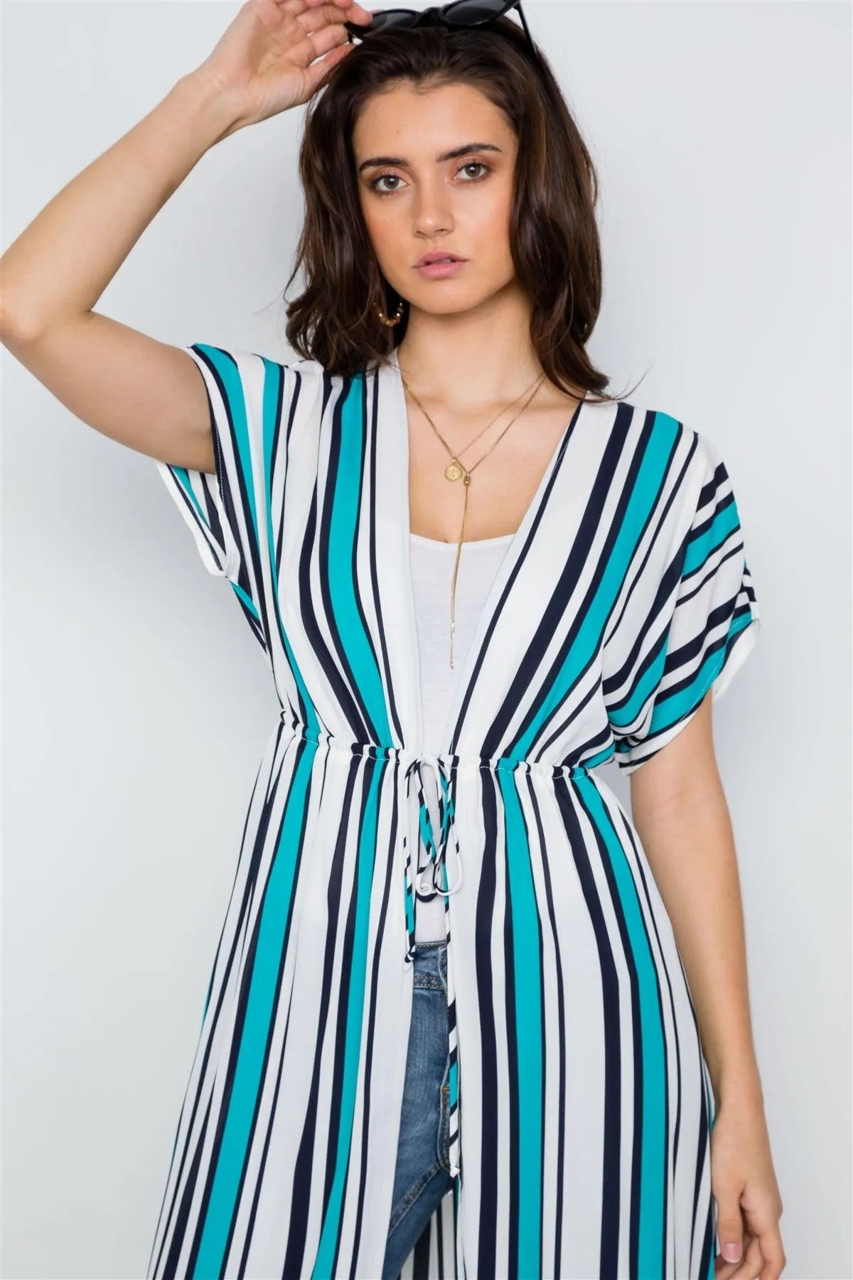 Turquoise White Stripe High Low Kimono Cover Up / 2-2 - Tasha Apparel Wholesale