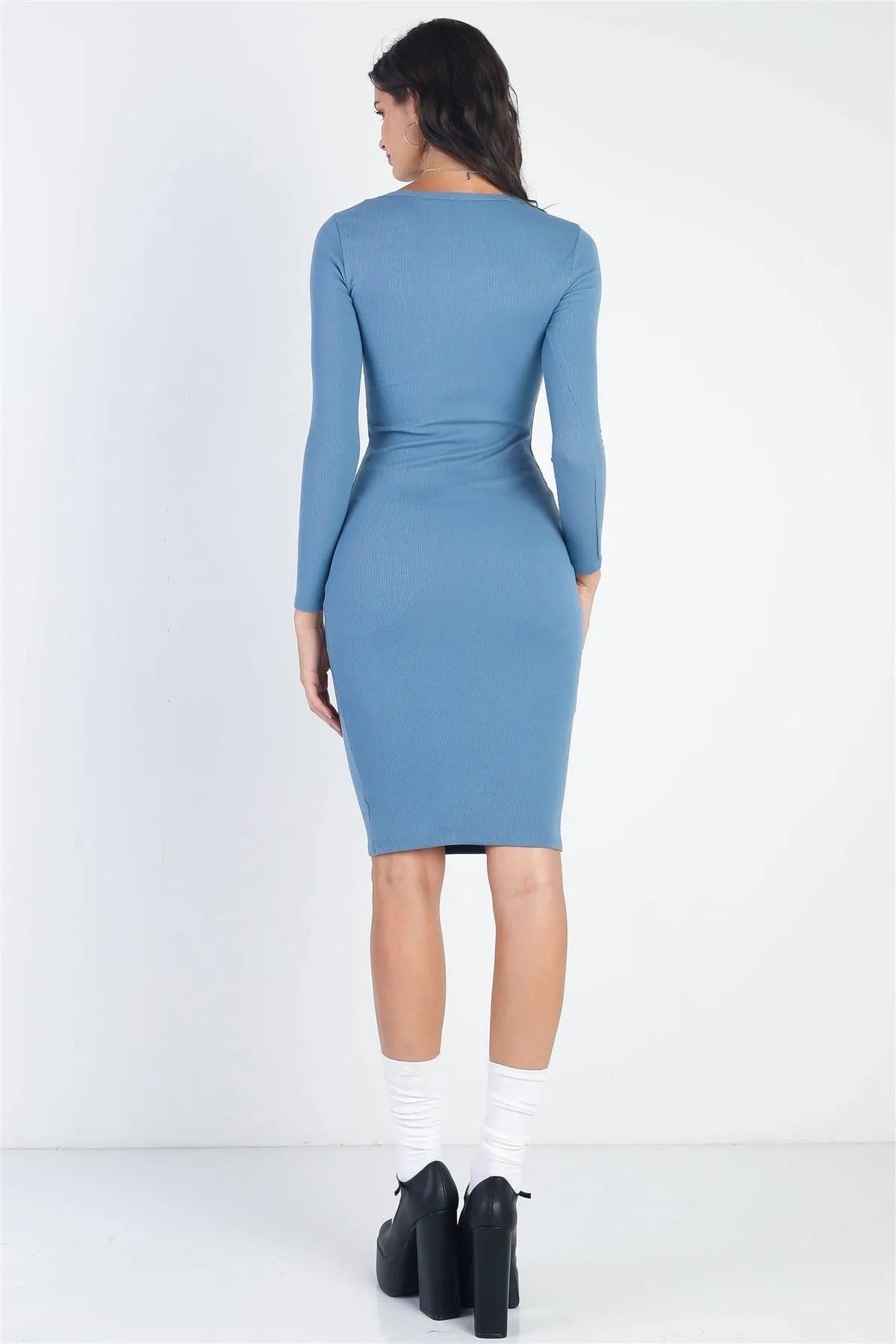 Blue Ribbed Crew Neck Long Sleeve Midi Dress /1-2-2 - Tasha Apparel Wholesale