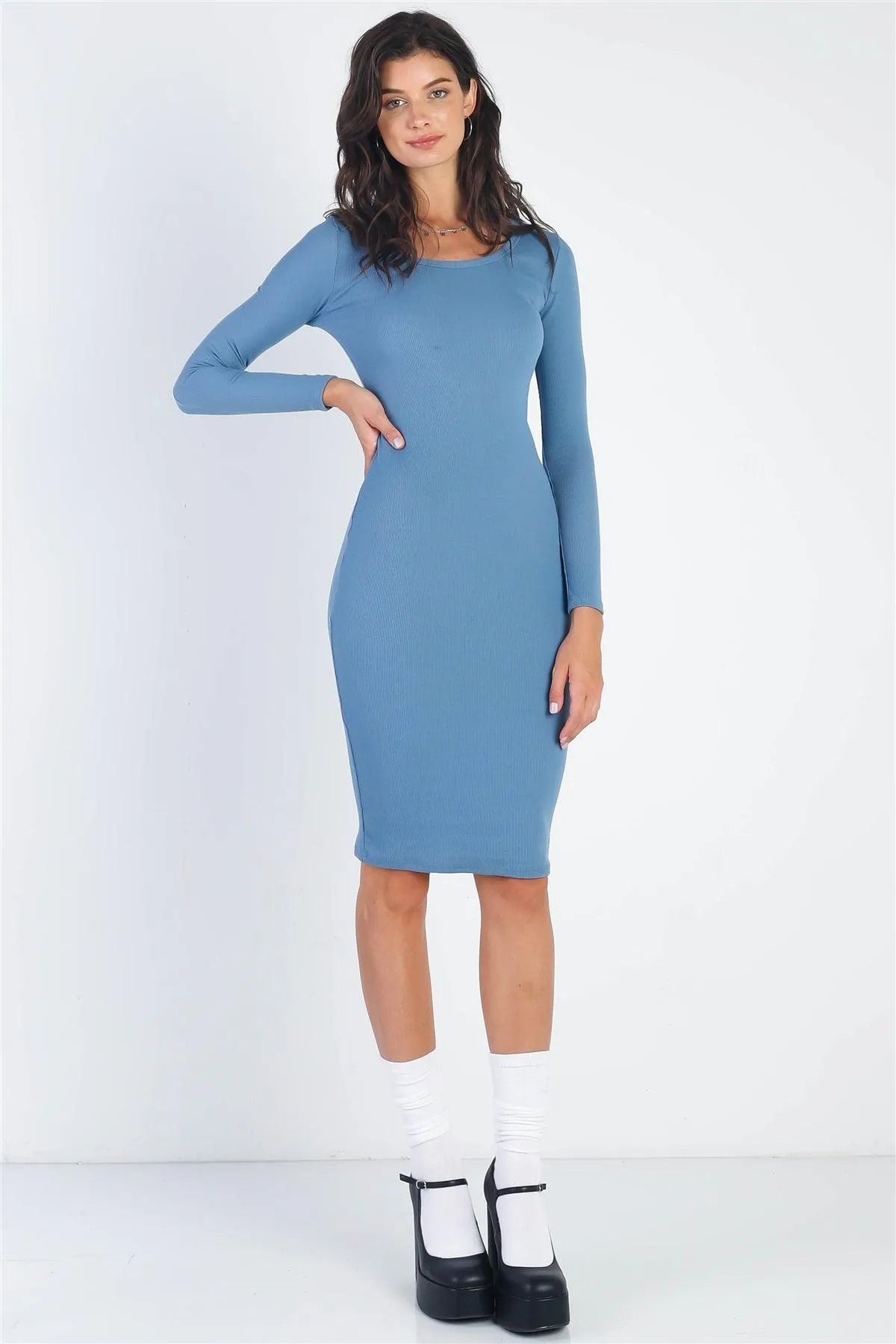 Ribbed Crew Neck Long Sleeve Mini Dress - Tasha Apparel Wholesale