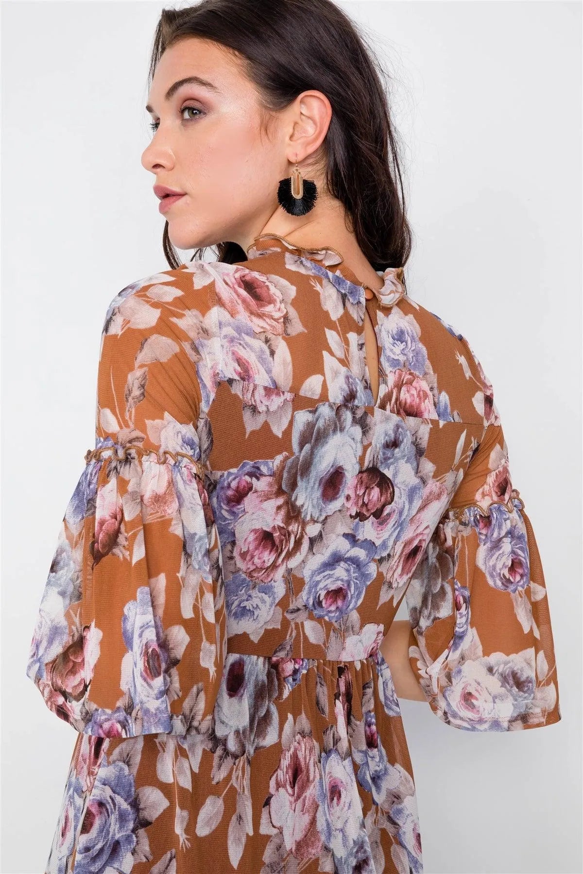 Brown Floral Print Semi-Sheer Mini Midi Dress /2-2-2 - Tasha Apparel Wholesale