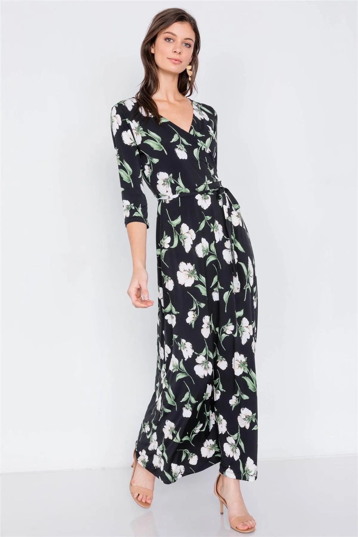 Black Floral Print Waist Tie 3/4 Sleeve Maxi Dress Black Floral Print Waist Tie 3/4 Sleeve Maxi Dress