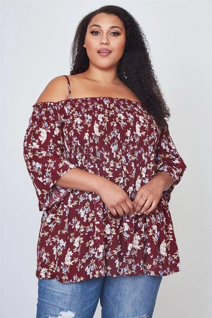 Burgundy Floral Print Shirred Bust Cold Shoulder Mini Dress - Tasha Apparel Wholesale