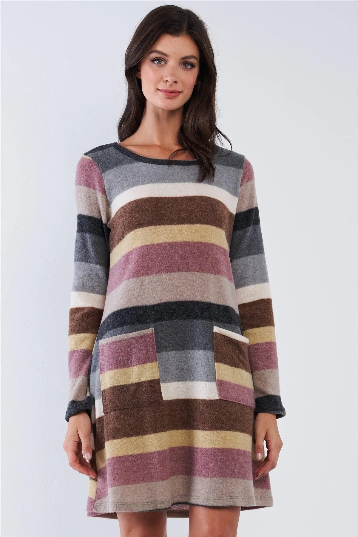 Mauve Multicolor Soft Striped Loose Fit Long Sleeve Sweater Type Mini Dress With Front Pockets /2-2-2 - Tasha Apparel Wholesale