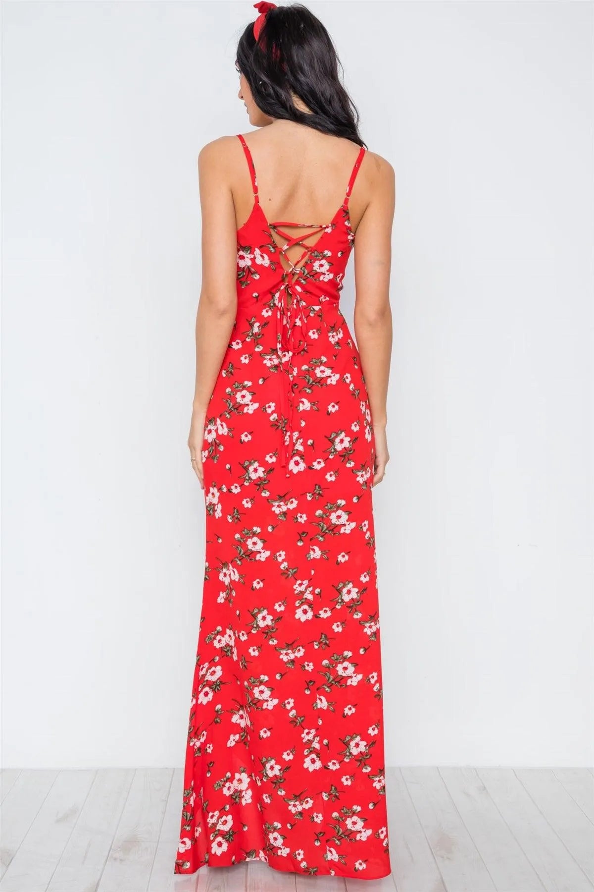Red Floral Print Front Slit Lace Up Maxi Dress /2-3-2 - Tasha Apparel Wholesale