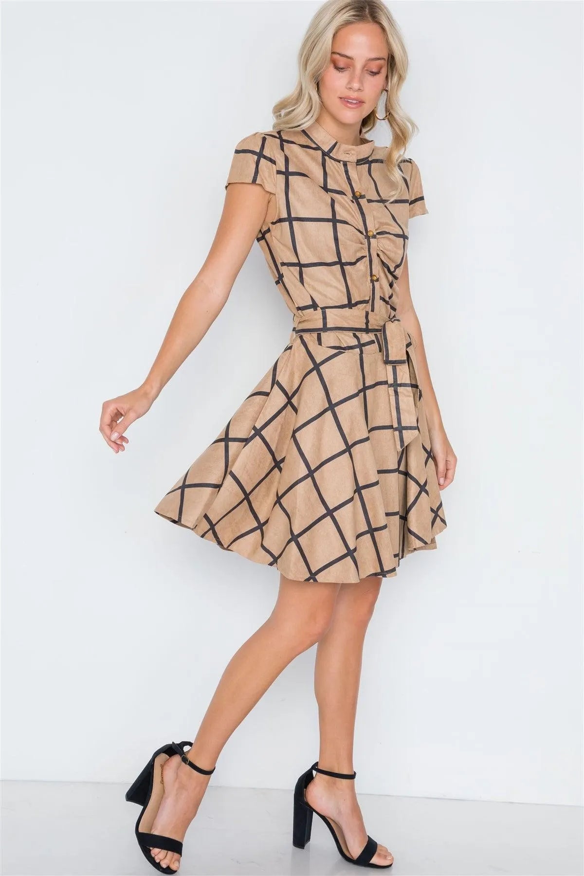 Khaki Check A-Line Faux Suede Mini Dress /2-2-2 - Tasha Apparel Wholesale