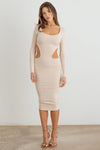 Cream Ribbed Cut-Out Long Sleeve Midi Dress /2-2-2