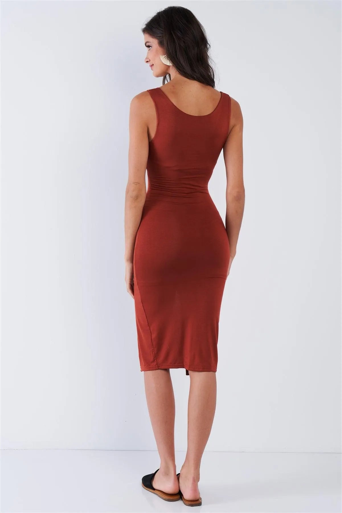 Rust Snap Up Button Sleeveless Scoop Neck Body-Con Midi Dress - Tasha Apparel Wholesale