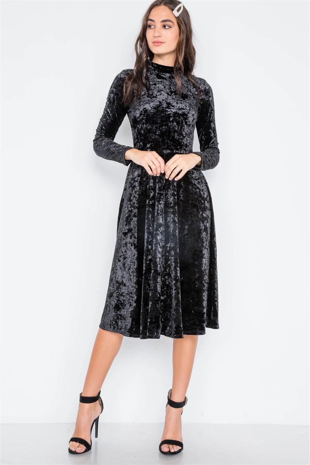 Black Crushed Velvet Long Sleeve A-Line Midi Evening Dress - Tasha Apparel Wholesale