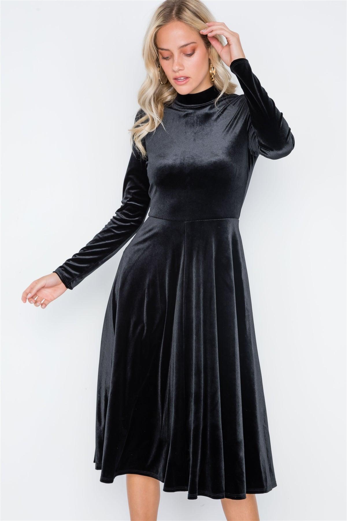 Black Velvet Long Sleeve A-Line Midi Evening Dress