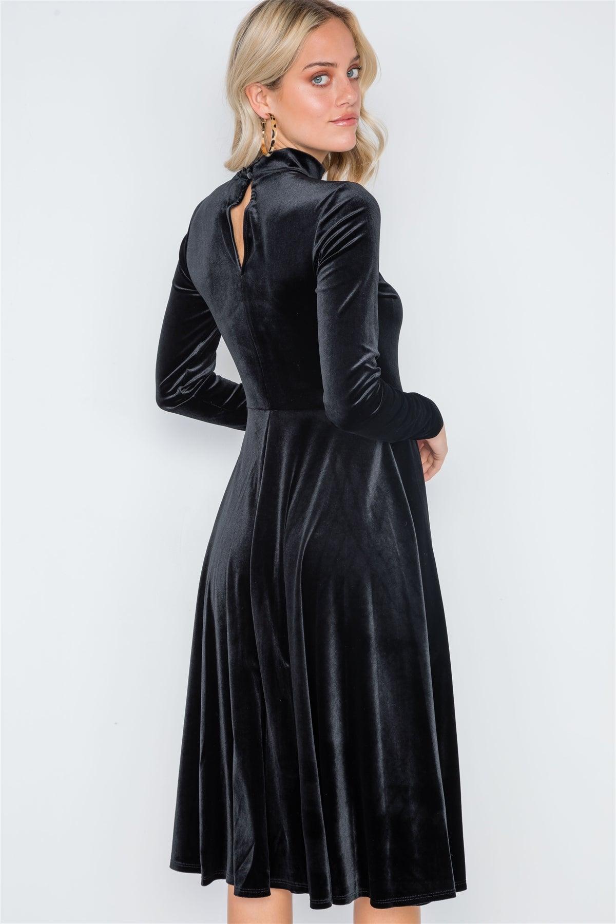 Black Velvet Long Sleeve A-Line Midi Evening Dress