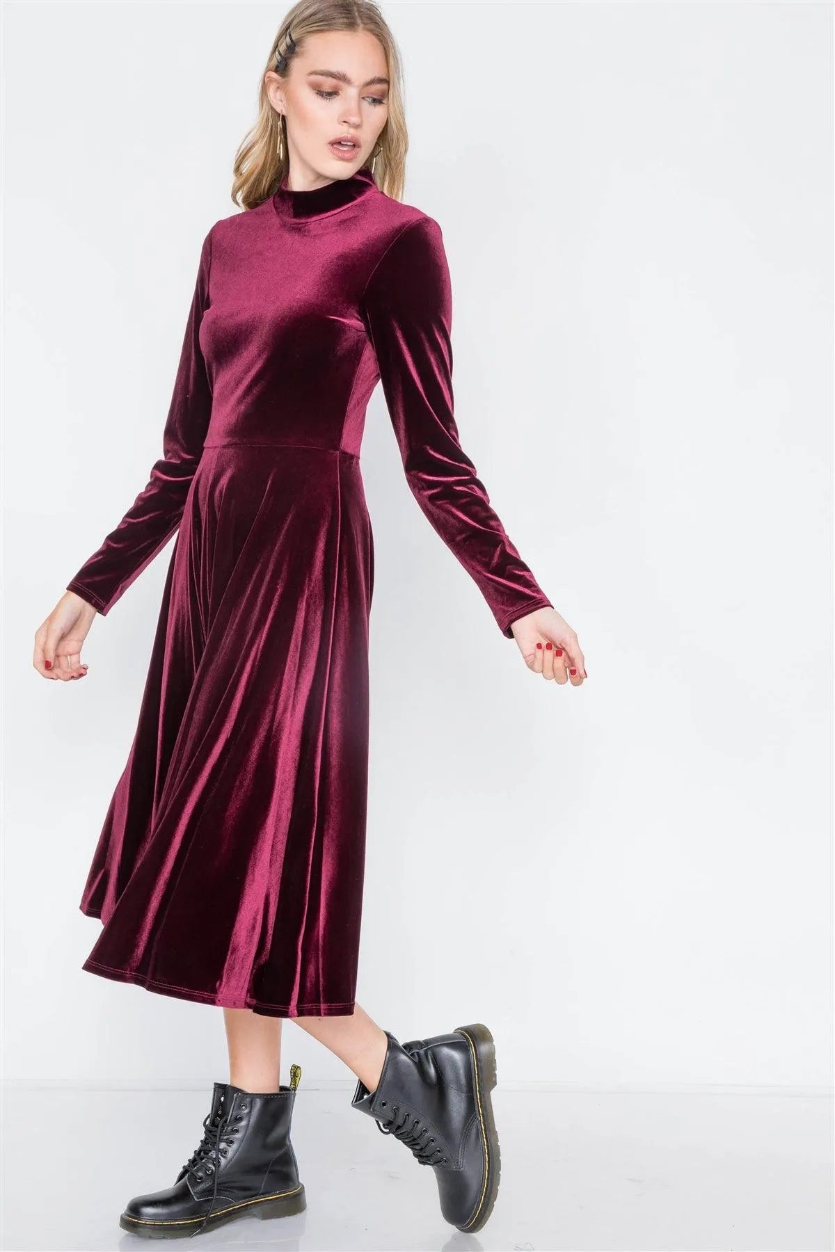 Wine Velvet Long Sleeve A-Line Midi Evening Dress - Tasha Apparel Wholesale