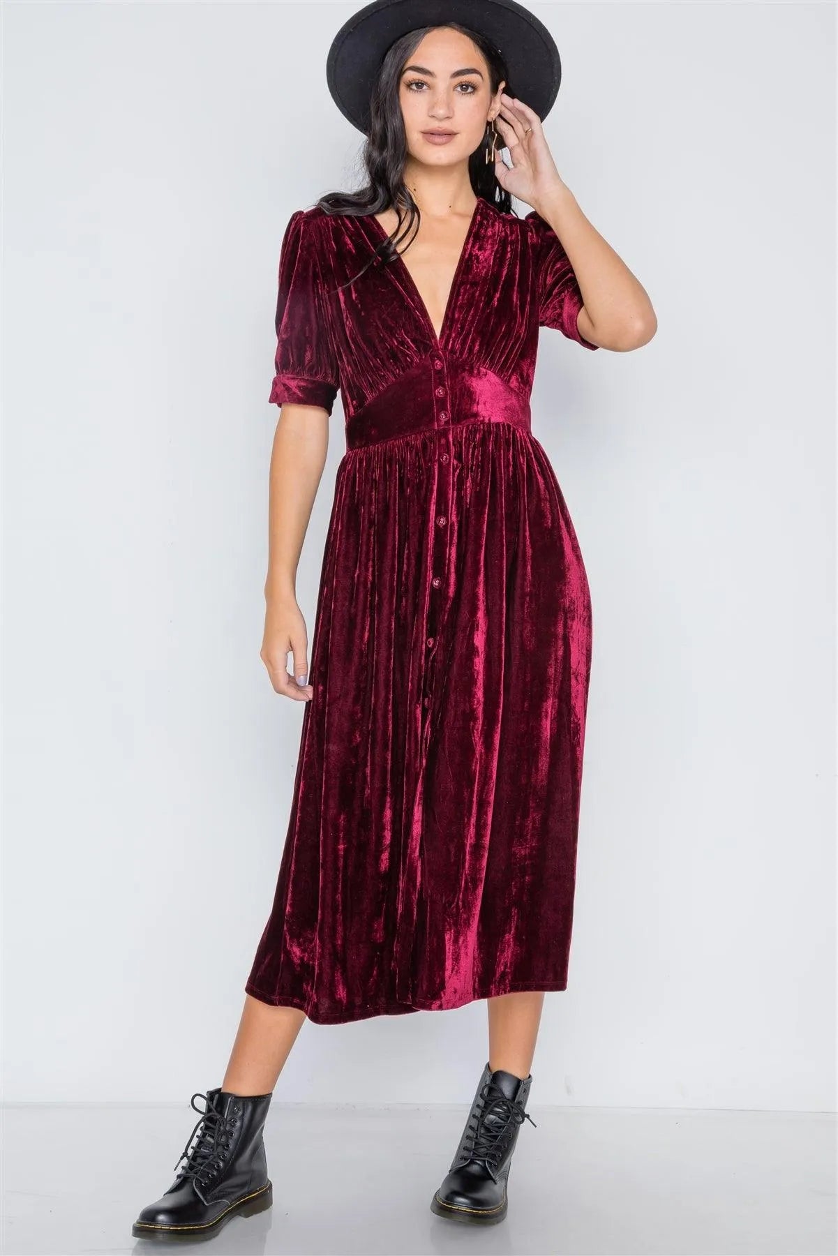 Burgundy Velvet Short Sleeve Button Down Midi Dress /2-2-2 - Tasha Apparel Wholesale