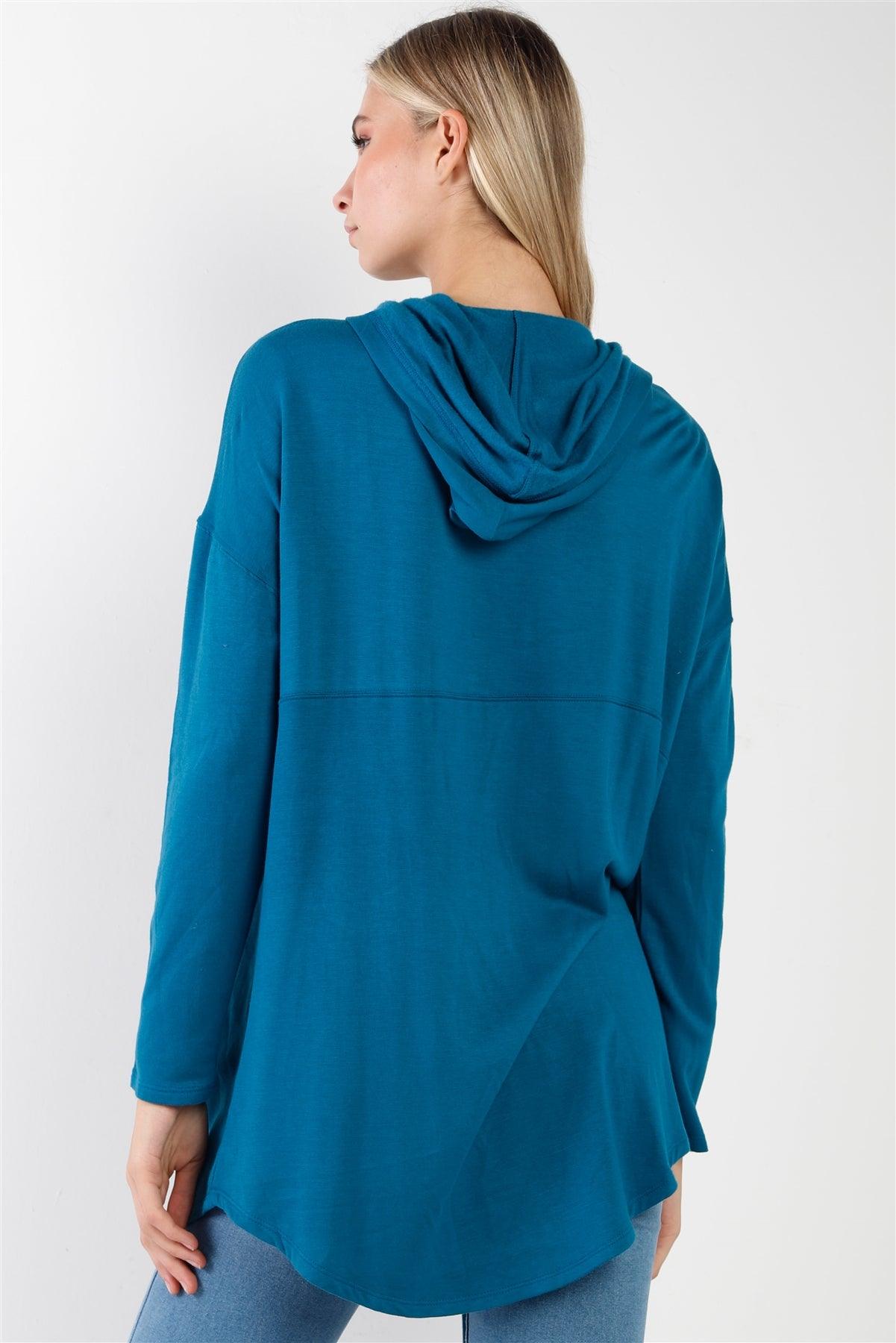 Blue Long Sleeve Open Front Hooded Cardigan /2-2-2
