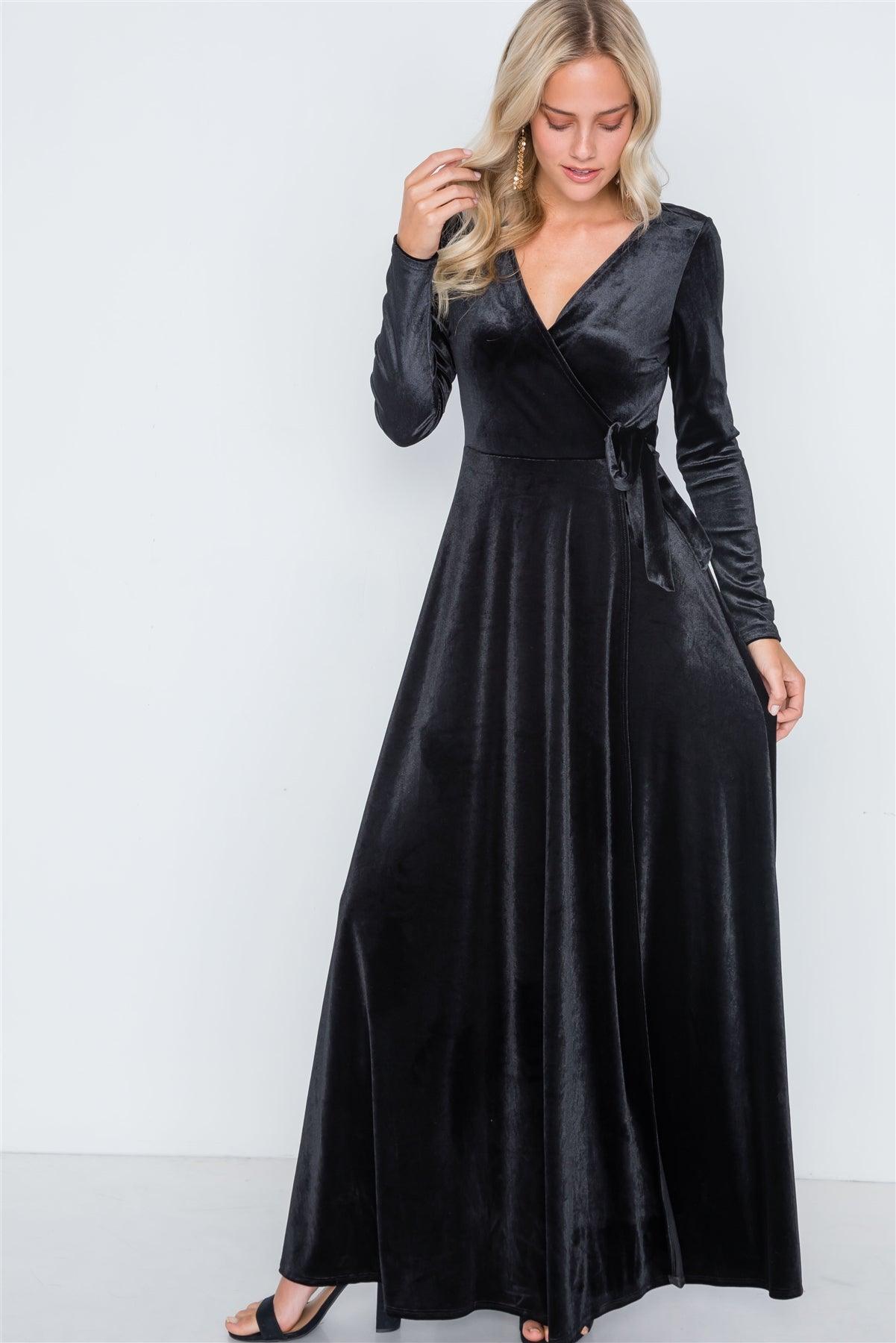 Black Velvet Surplice Neck Maxi Evening Dress