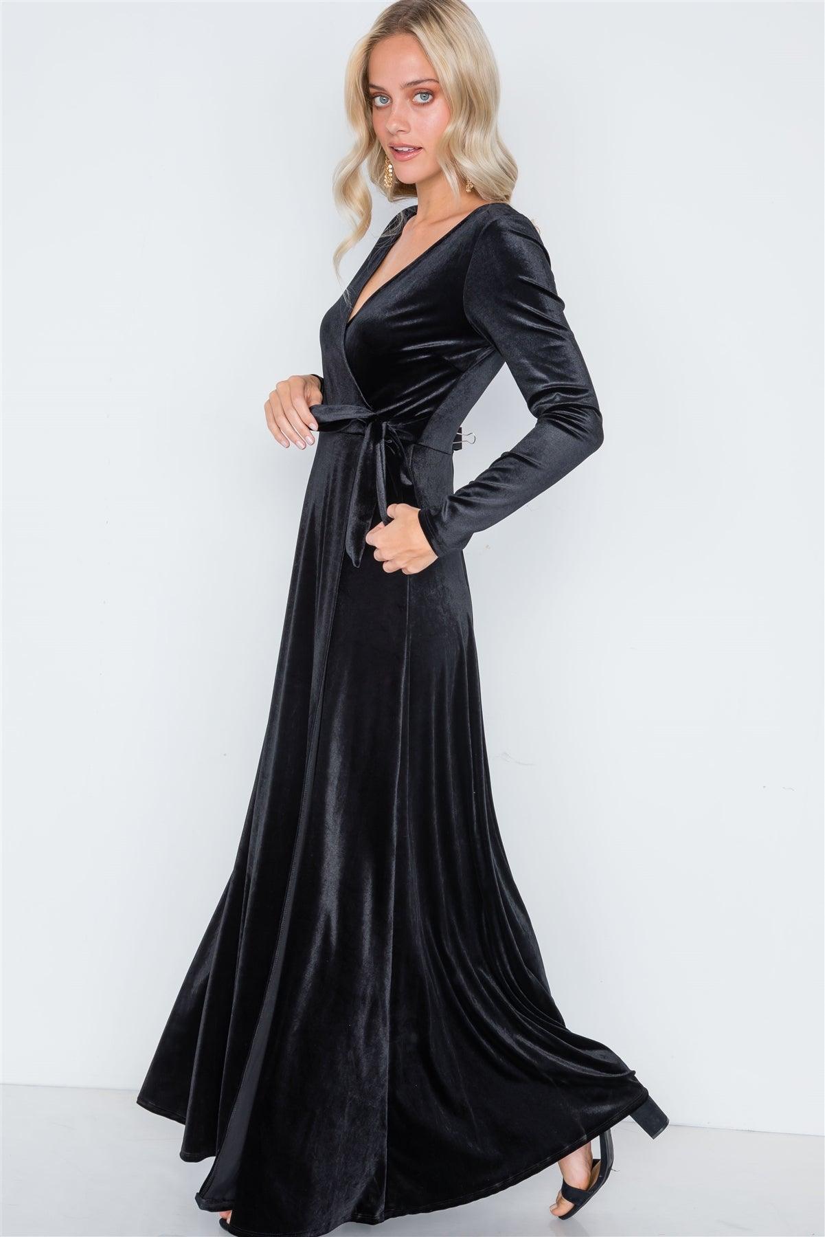 Black Velvet Surplice Neck Maxi Evening Dress