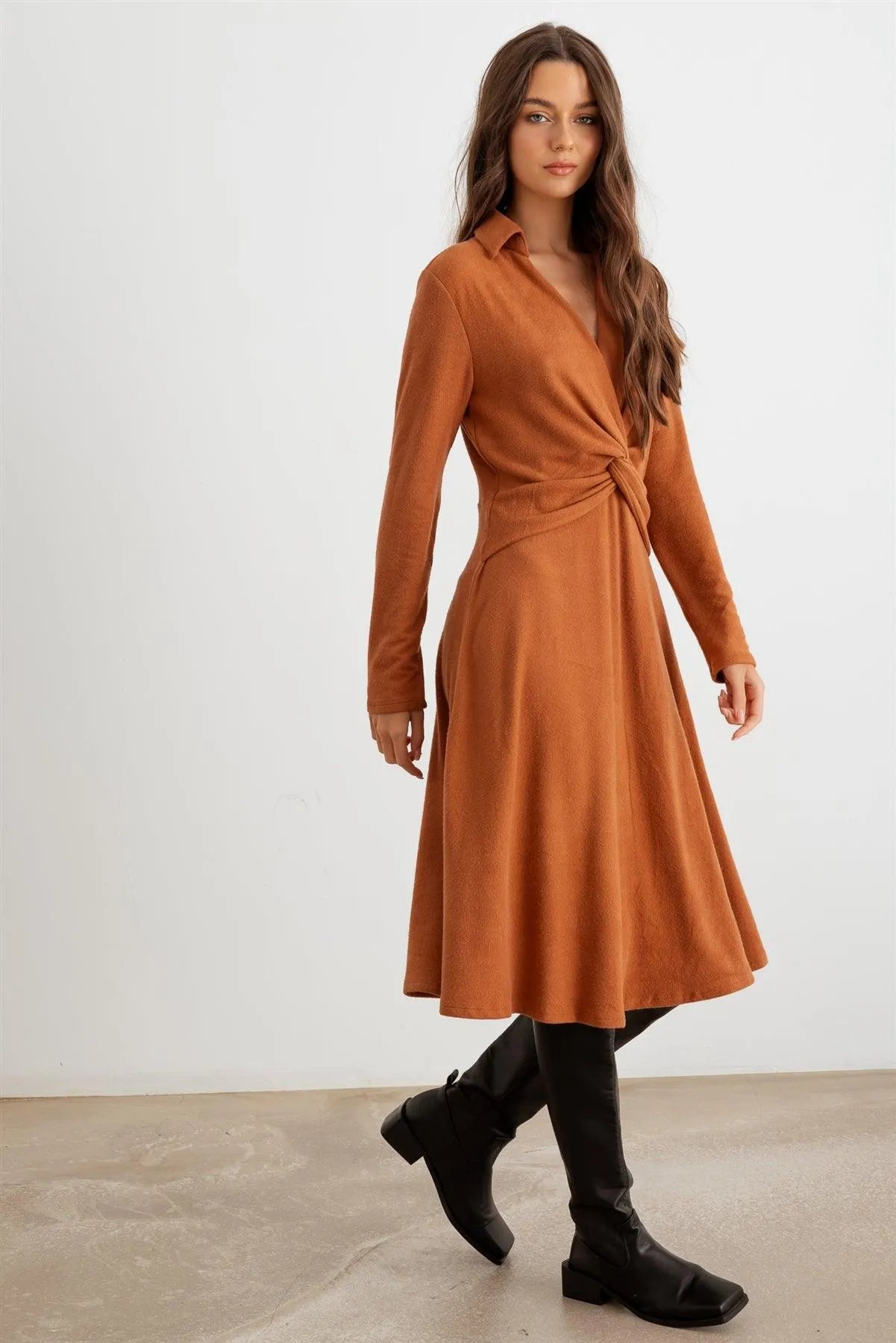 Rust Collar Neck Long Sleeve Twist Front Midi Dress /1-2-2 - Tasha Apparel Wholesale