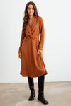 Rust Collar Neck Long Sleeve Twist Front Midi Dress /2-2-2