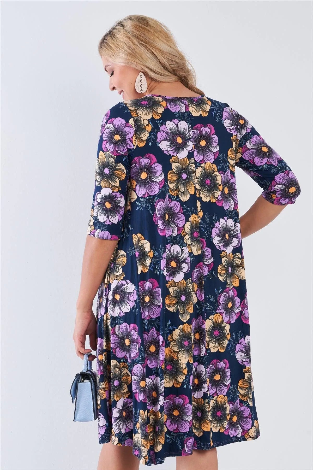 Junior Plus Navy Floral 3/4 Sleeve Midi Dress /2-2-2 - Tasha Apparel Wholesale