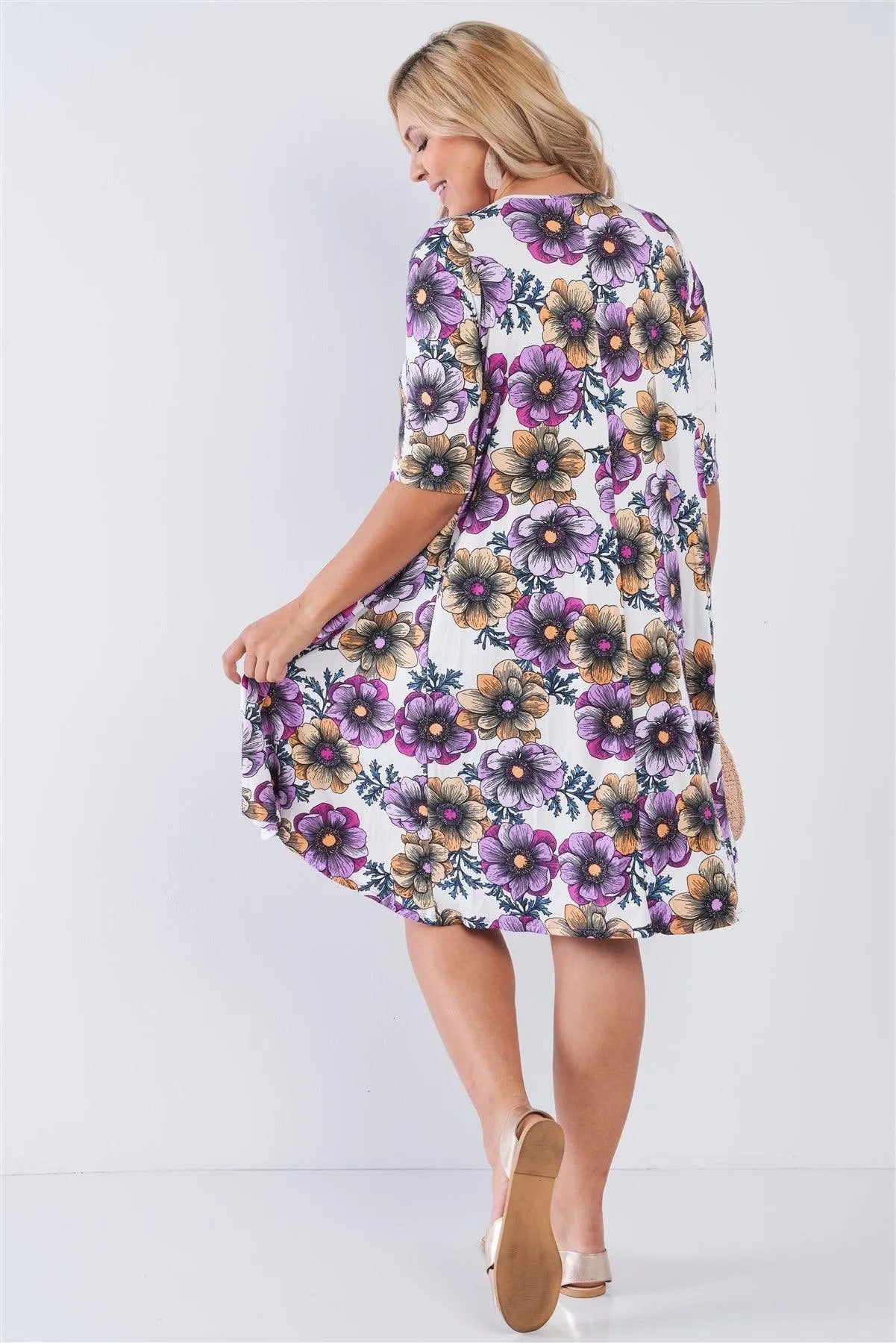 Junior Plus White Floral 3/4 Sleeve Midi Dress /2-2-2 - Tasha Apparel Wholesale