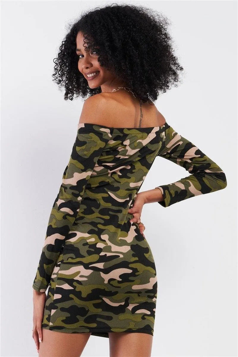 Khaki Olive Camo Ribbed Off-The-Shoulder Button Down Bodycon Mini Dress /2-2-2 - Tasha Apparel Wholesale