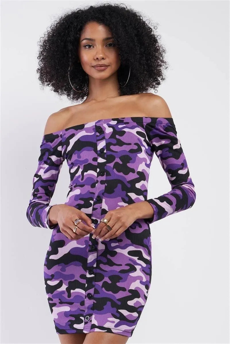 Purple Camo Ribbed Off-The-Shoulder Button Down Bodycon Mini Dress /2-2-2 - Tasha Apparel Wholesale