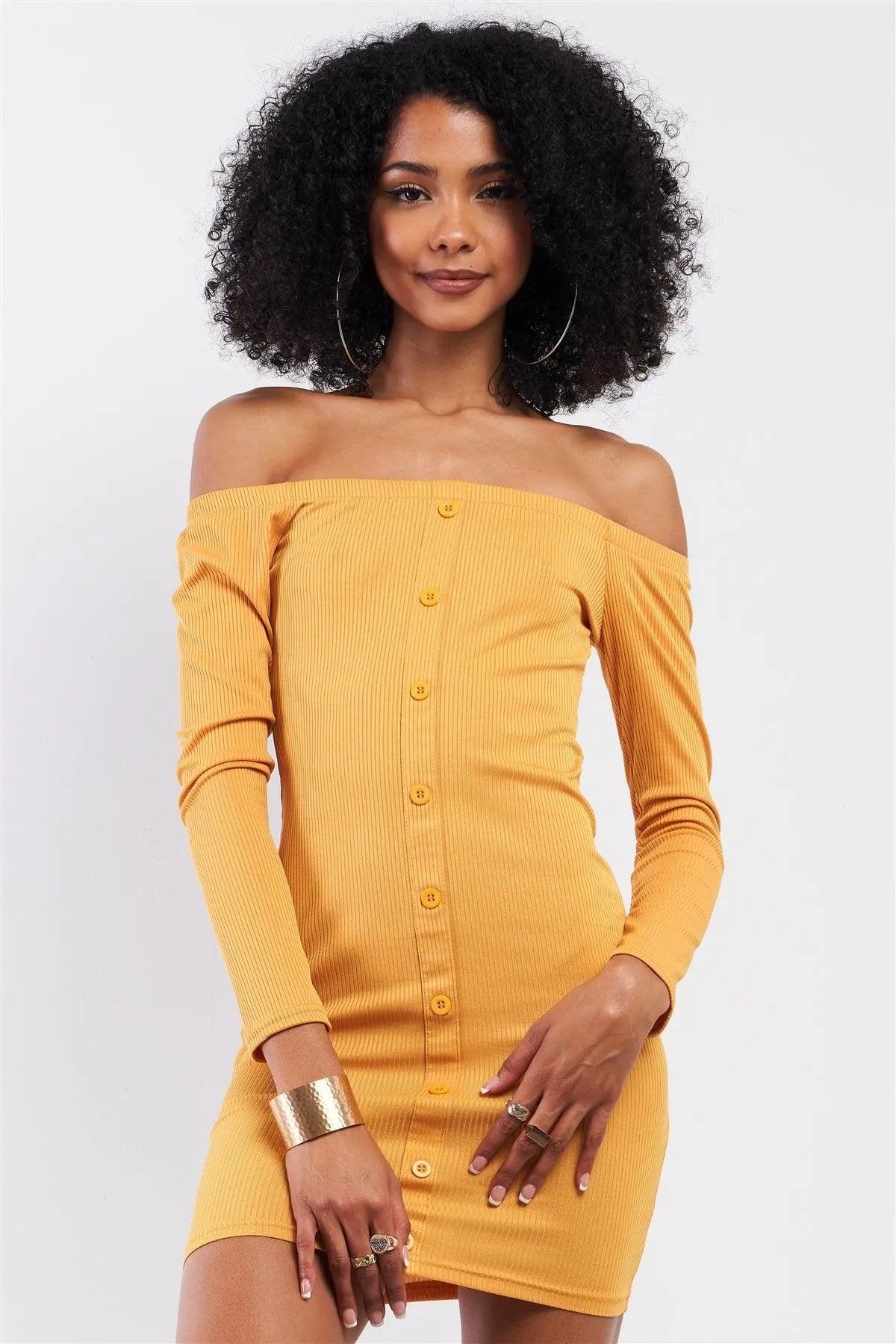 Mustard Ribbed Off-The-Shoulder Button Down Bodycon Mini Dress /2-2-2 Mustard Ribbed Off-The-Shoulder Button Down Bodycon Mini Dress /2-2-2