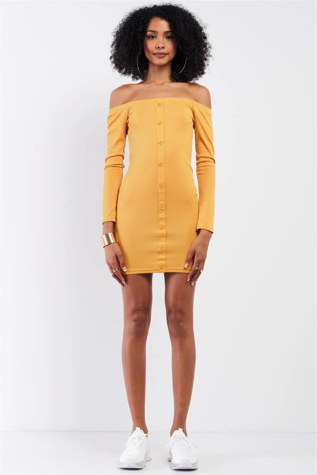Mustard Ribbed Off-The-Shoulder Button Down Bodycon Mini Dress /2-2-2 - Tasha Apparel Wholesale